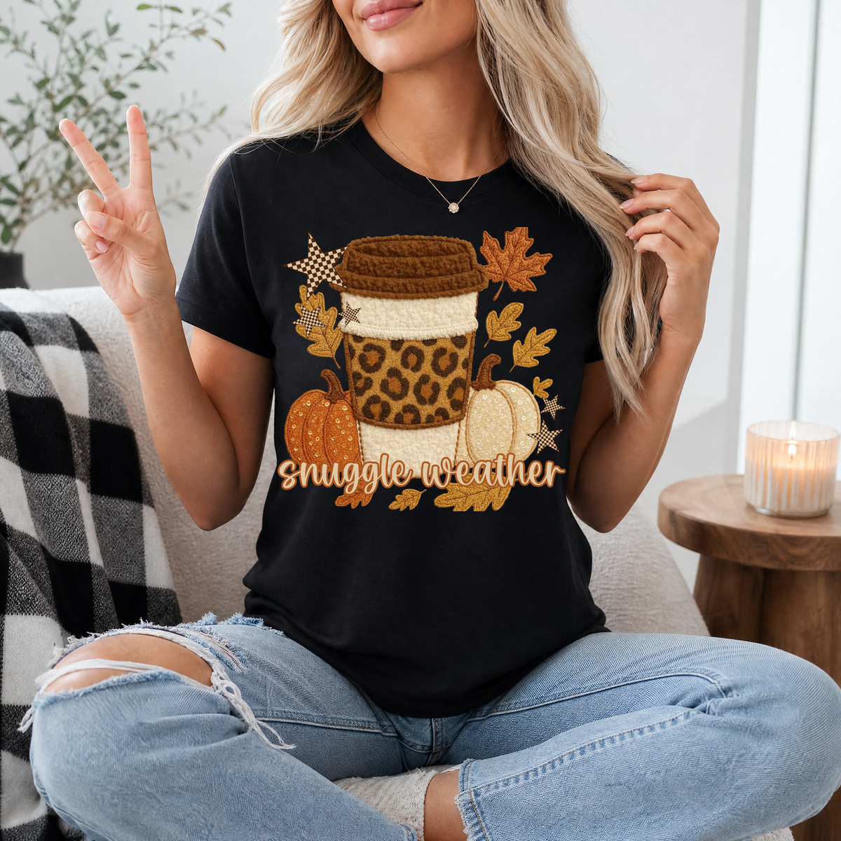 Snuggle Weather Faux Embroidery Coffee Graphic Tee