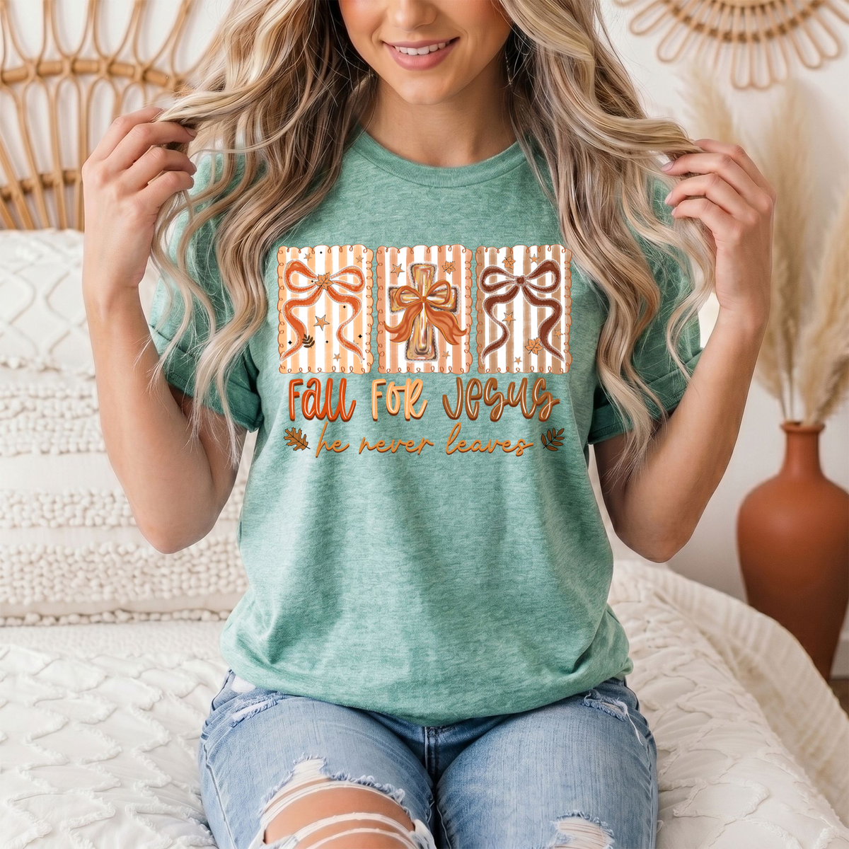 Fall for Jesus He Never Leaves Christian Graphic Tee