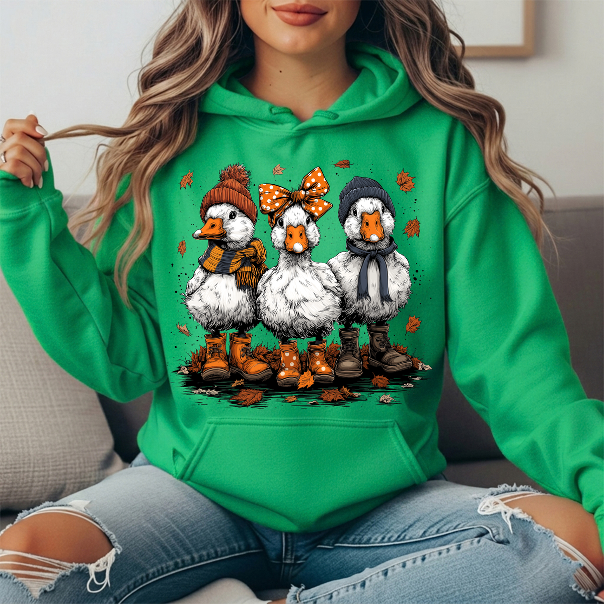Fall Ducks in Boots & Orange Bow Graphic Hoodie