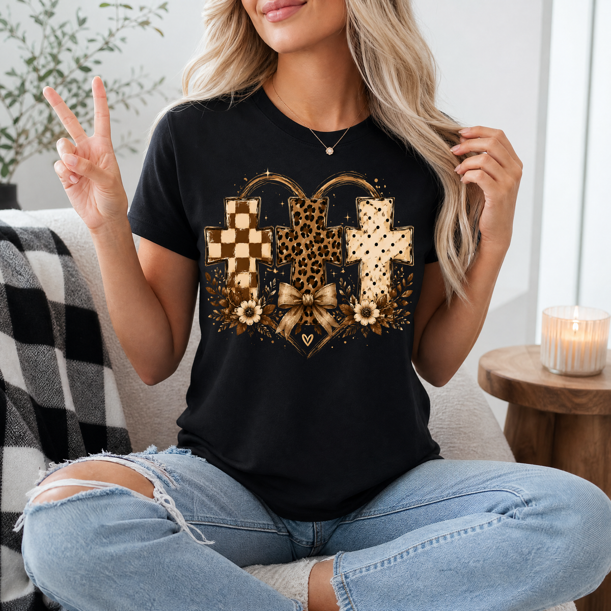 Christian Cross Trio Floral & Bow Graphic Tee