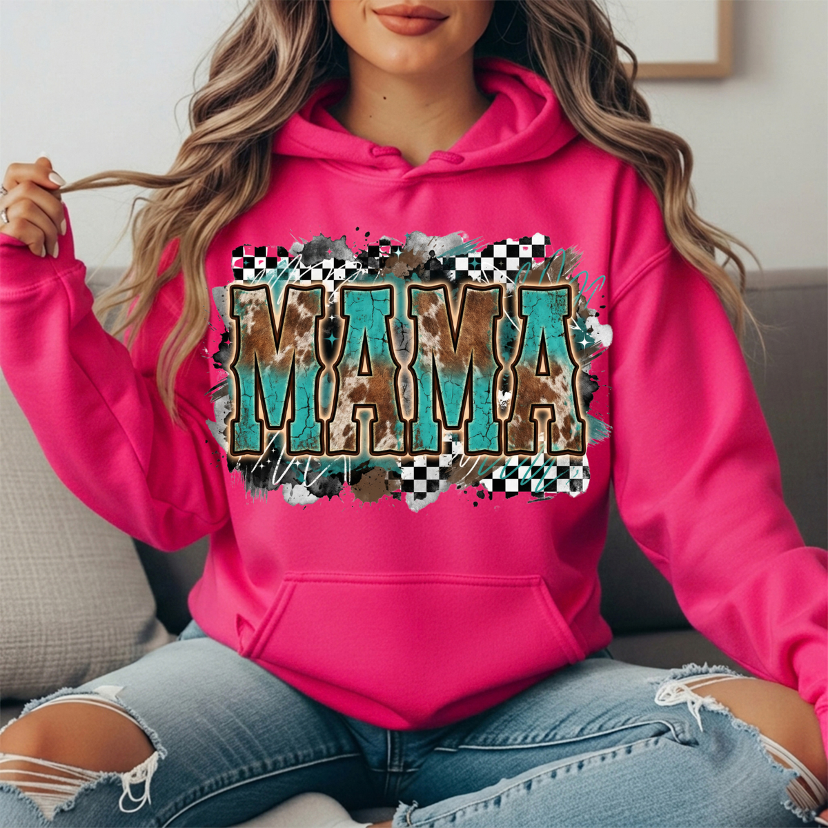 Turquoise Cowhide Mama Western Graphic Hoodie