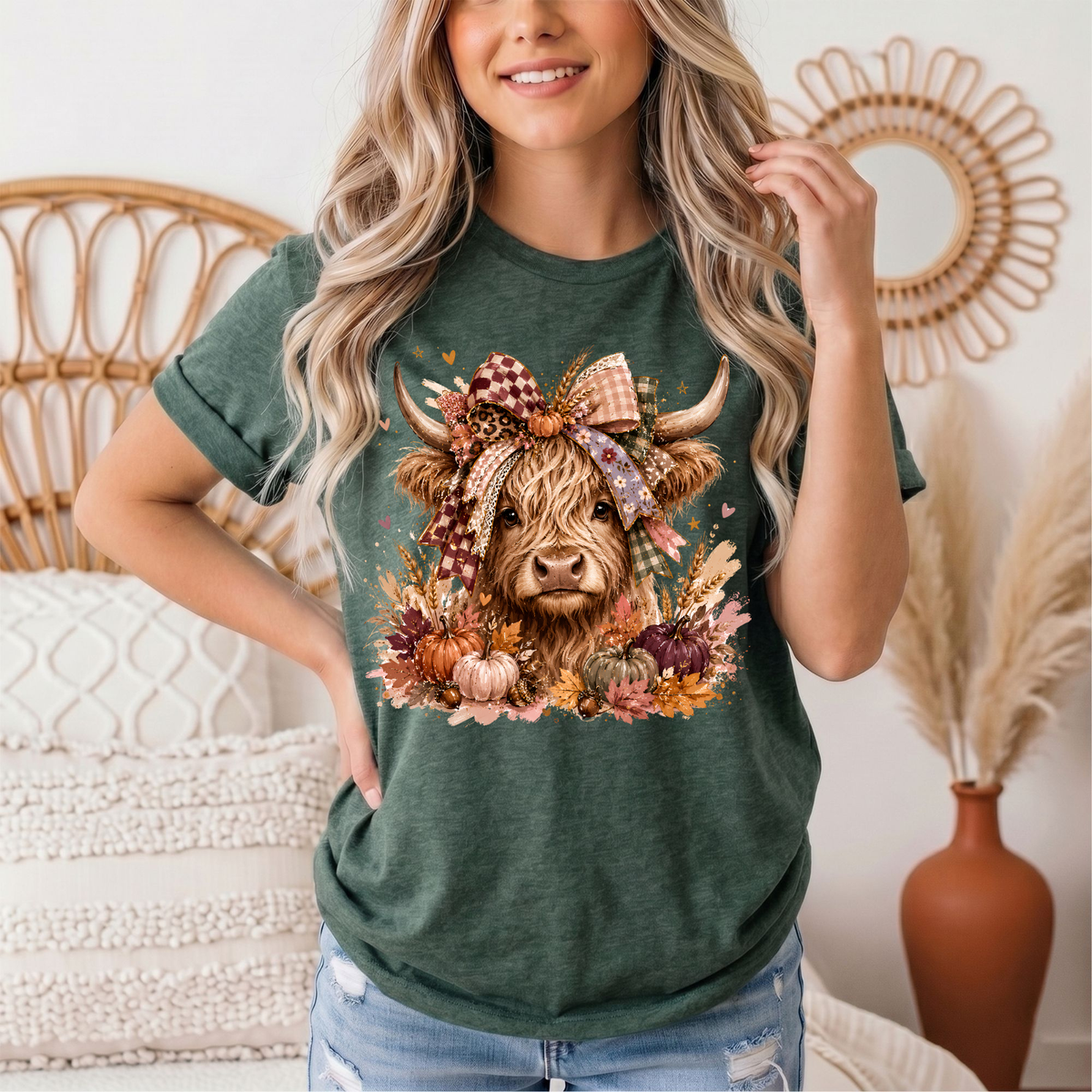 Fall Highland Cow Bow & Pumpkins Graphic Tee
