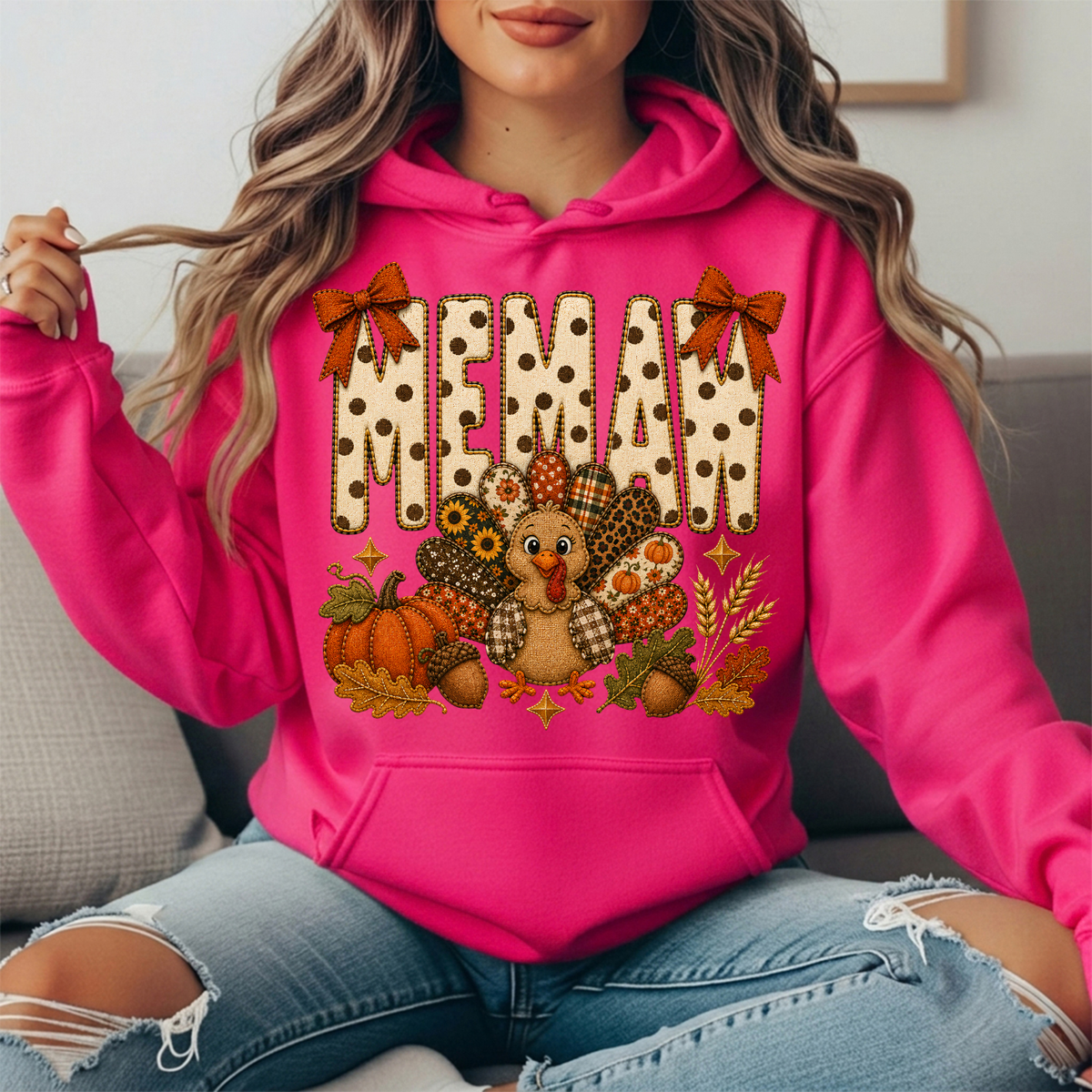 Memaw Thanksgiving Turkey & Rust Bows Graphic Hoodie