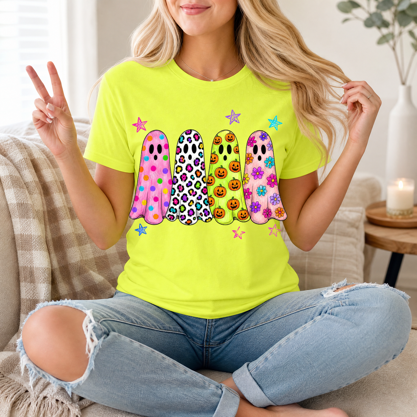 Neon Trendy Patterned Ghost Premium Graphic Tee