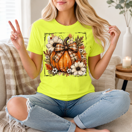 Fall Pumpkin Floral & Plaid Bow Graphic Tee