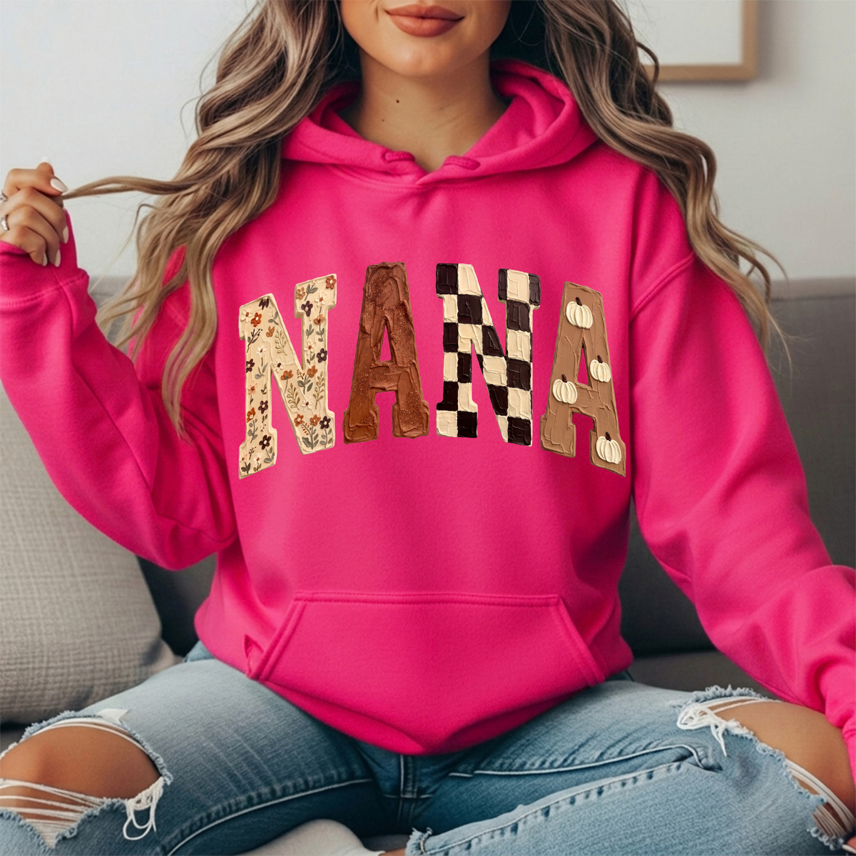 Nana Fall Floral, Checkerboard & Pumpkin Graphic Hoodie