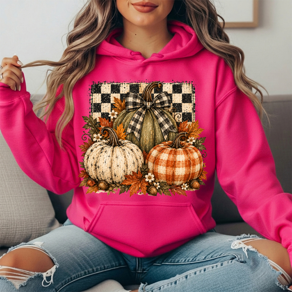 Rustic Fall Pumpkins Buffalo Check Bow Graphic Hoodie