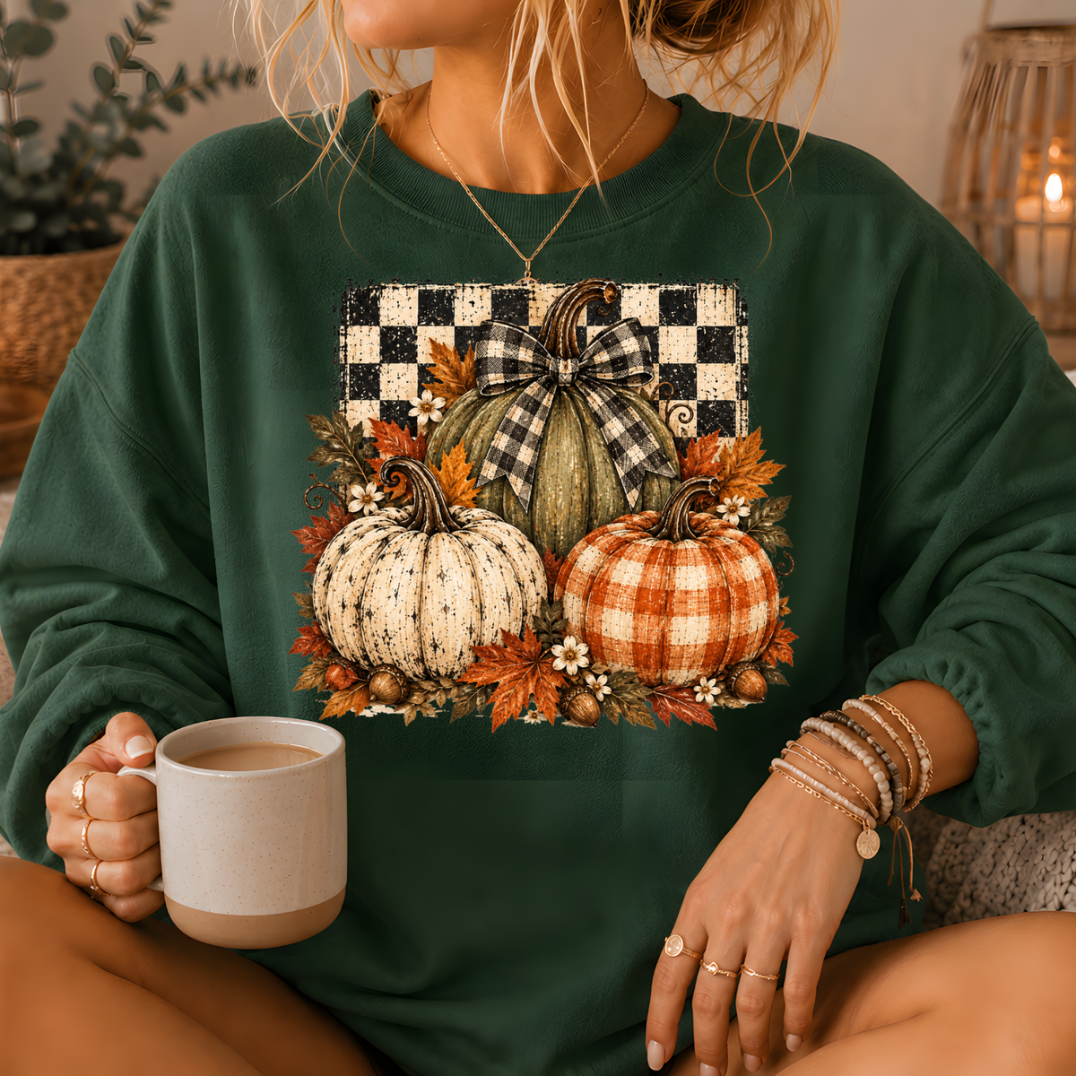 Pumpkin Plaid Bow Floral Crewneck Sweatshirt