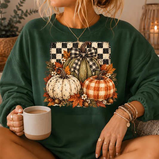 Pumpkin Plaid Bow Floral Crewneck Sweatshirt
