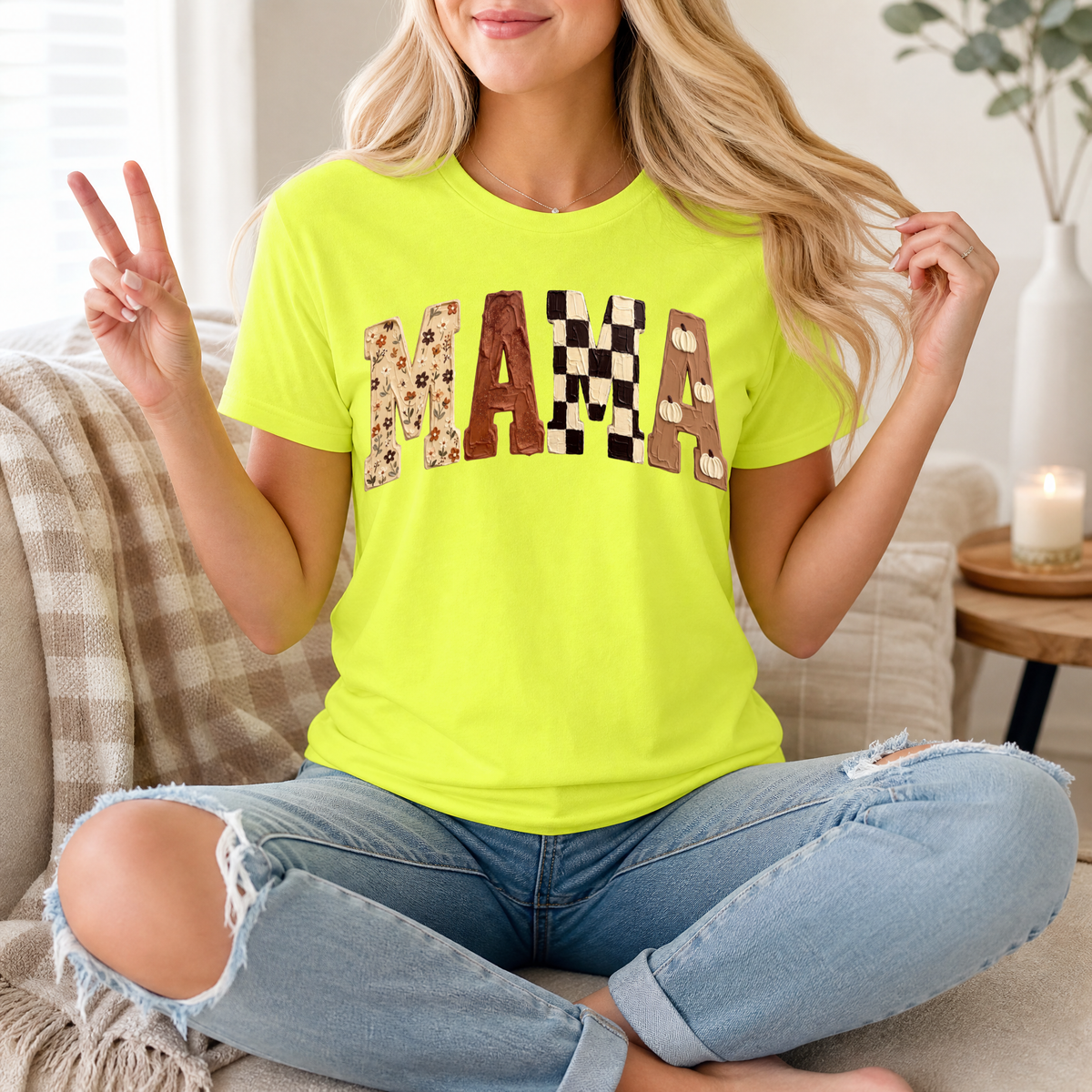 Fall Mama Floral, Checkerboard & Pumpkin Graphic Tee
