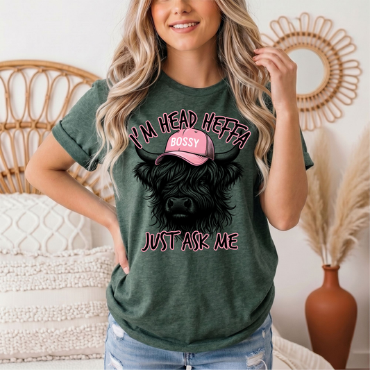 I'm Head Heffa Highland Cow Pink Bossy Cap Graphic Tee