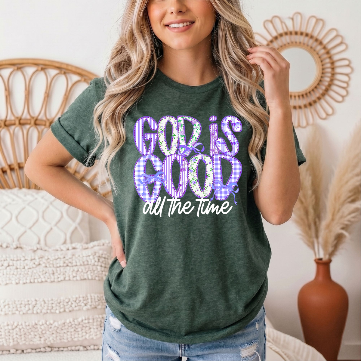 God Is Good All the Time Purple Bow Graphic Tee