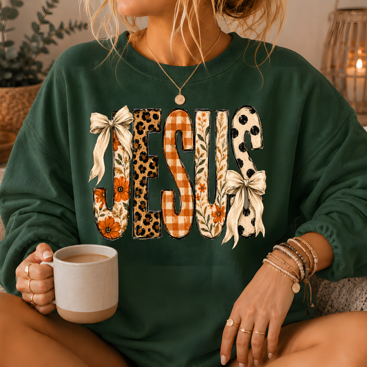 Jesus Mixed Print Bow Crewneck Sweatshirt