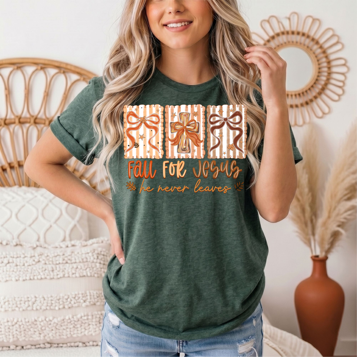 Fall for Jesus He Never Leaves Christian Graphic Tee