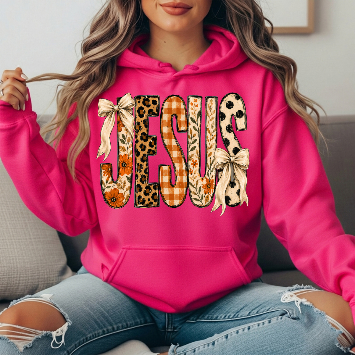 Jesus Patchwork Floral & Bow Graphic Hoodie