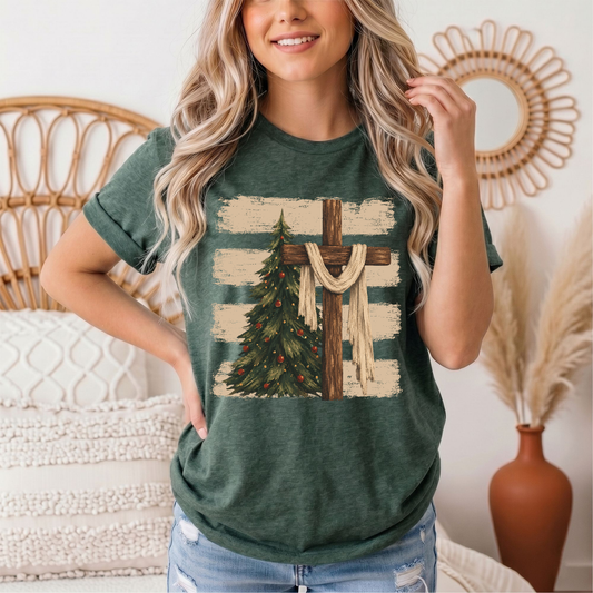 Rustic Cross & Christmas Tree Christian Graphic Tee