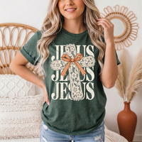 Jesus Lace Cross & Gingham Bow Christian Graphic Tee