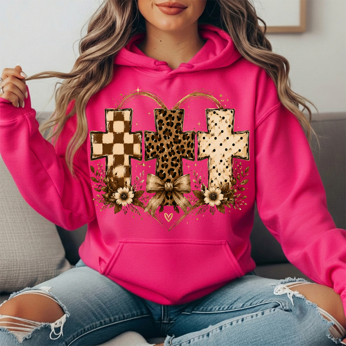 Three Crosses Leopard Floral Bow Graphic Hoodie