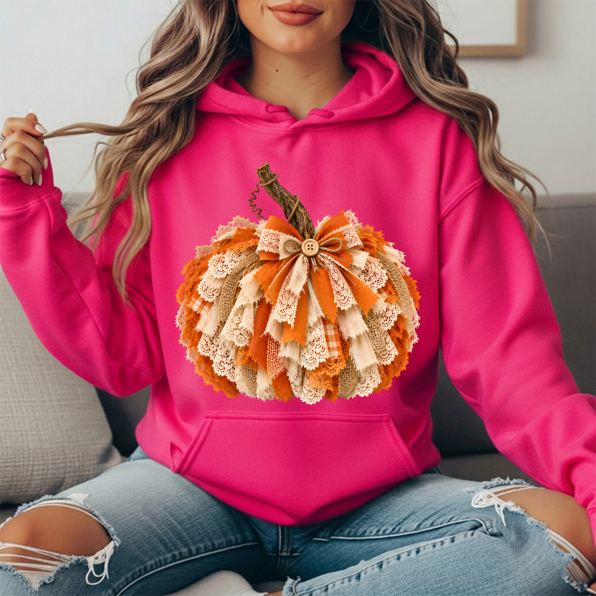 Rustic Lace & Burlap Pumpkin Graphic Hoodie