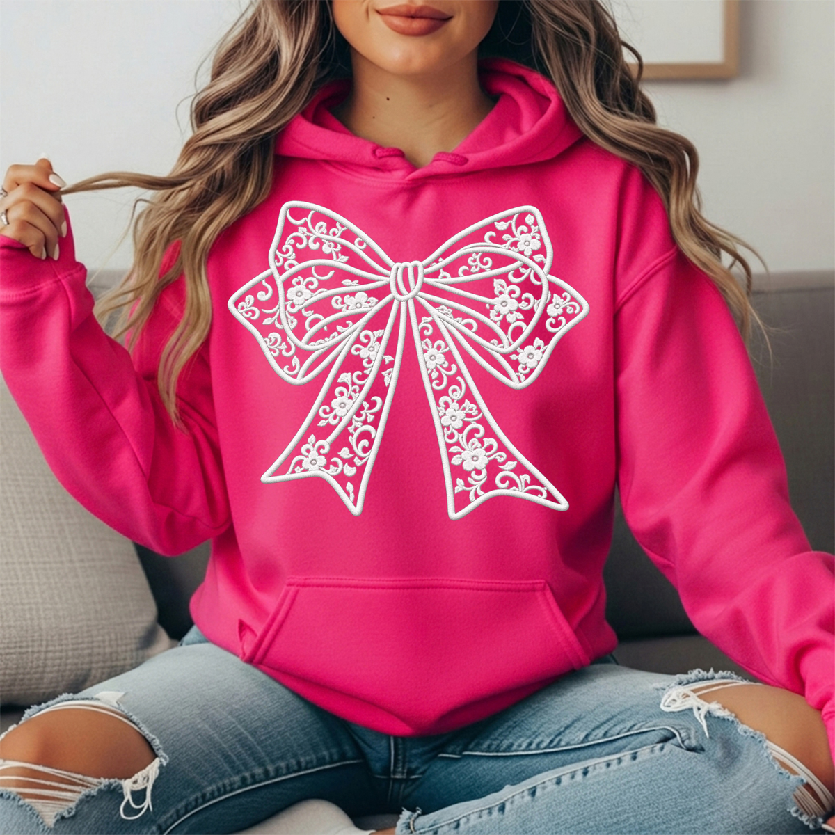 Floral Lace Bow Graphic Hoodie