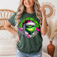 Grinchy Before Coffee Pink Checkerboard Christmas Graphic Tee
