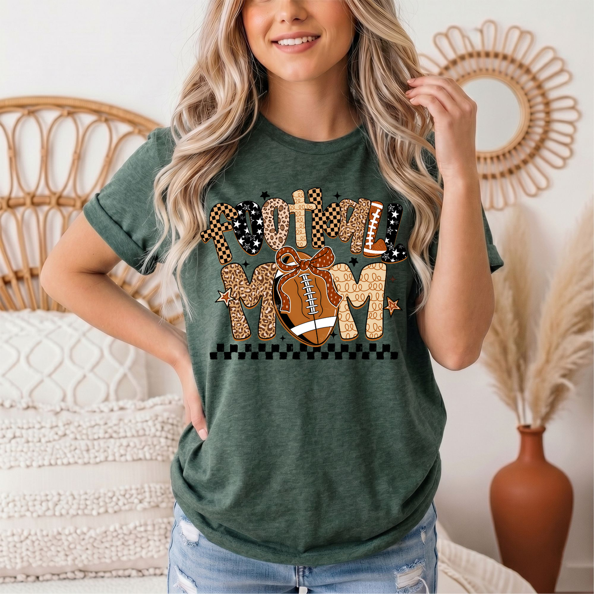 Football Mom Mixed Print Bow & Checkerboard Graphic Tee