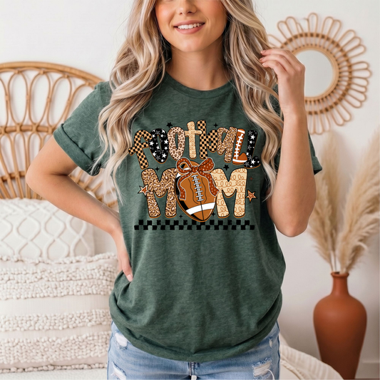 Football Mom Mixed Print Bow & Checkerboard Graphic Tee