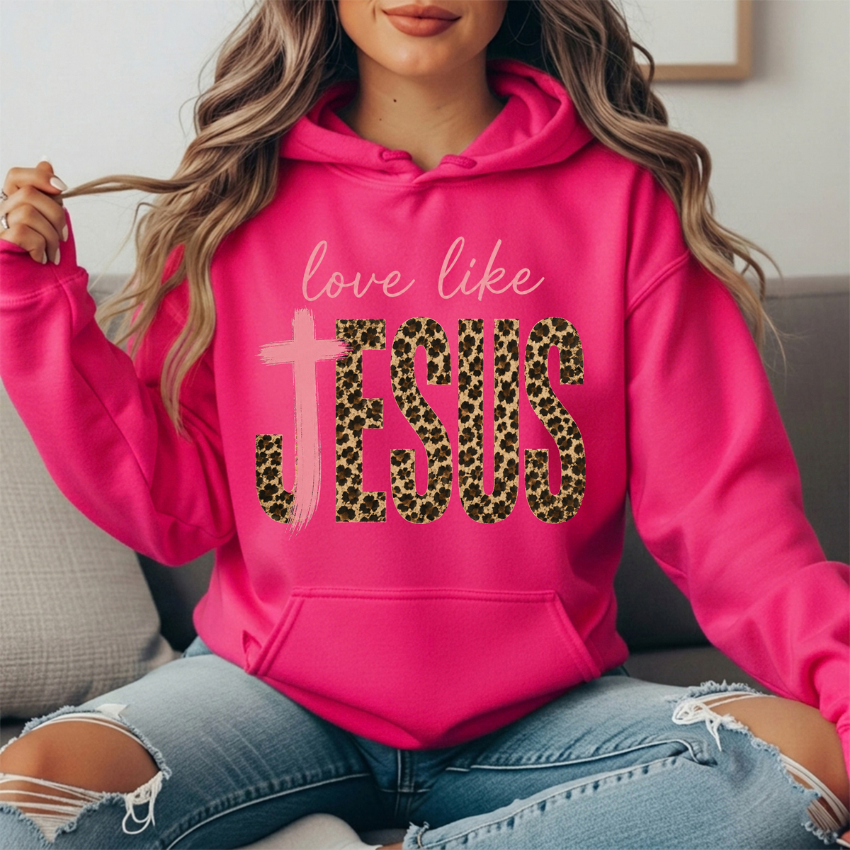Love Like Jesus Leopard Print Cross Graphic Hoodie
