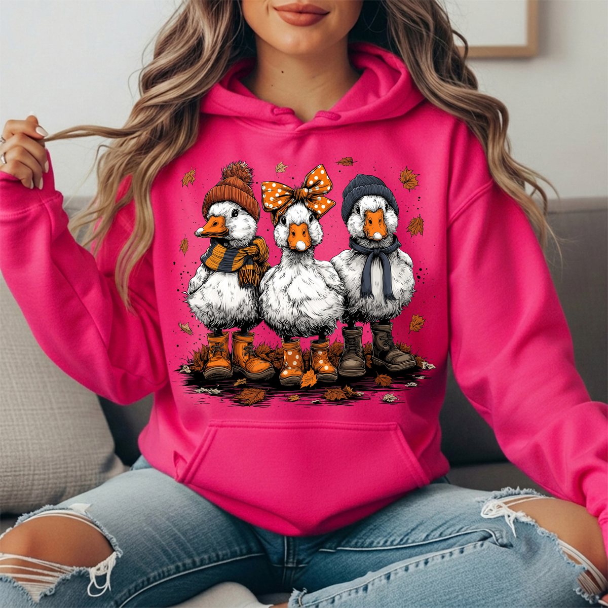 Fall Ducks in Boots & Orange Bow Graphic Hoodie