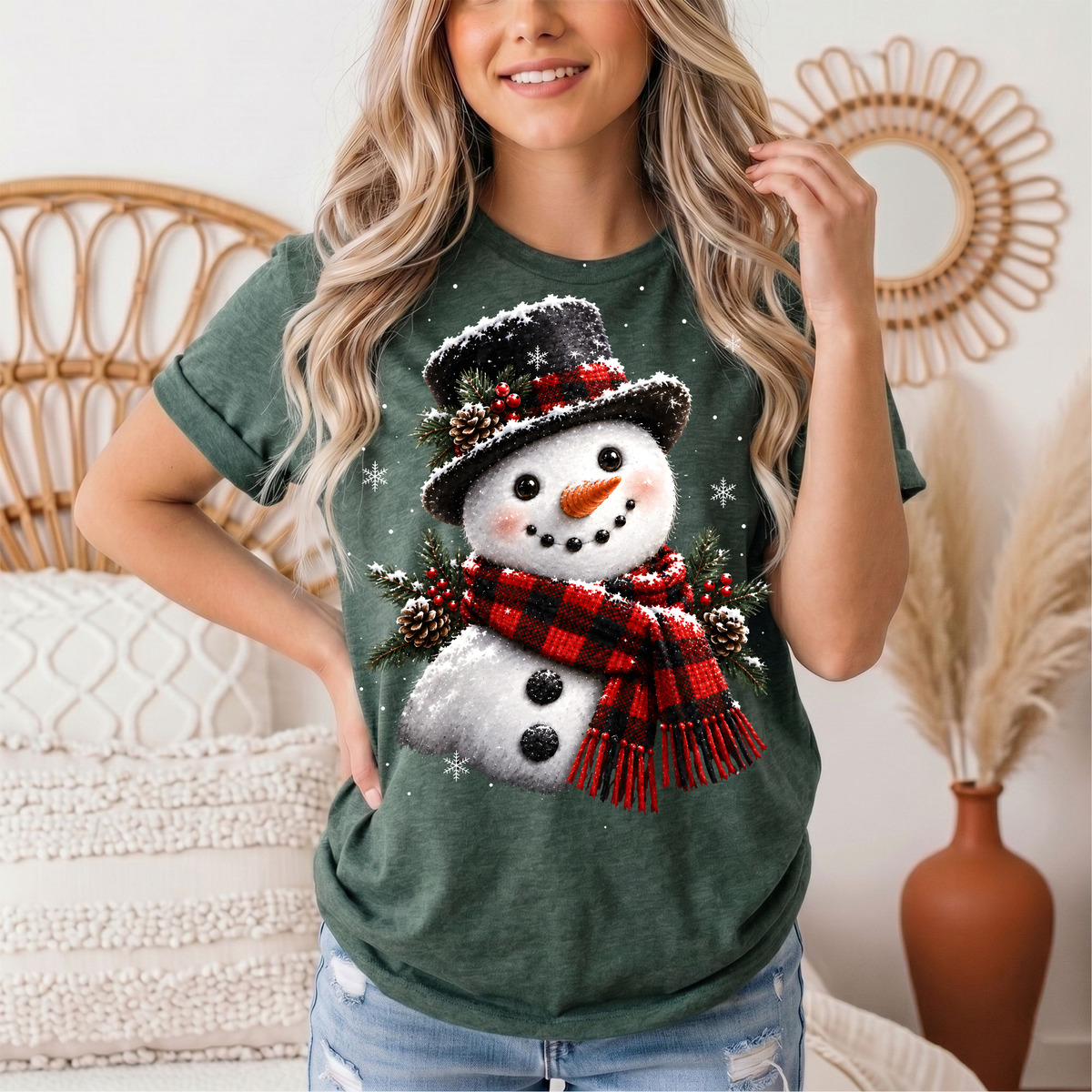 Snowman Buffalo Plaid Scarf Christmas Graphic Tee