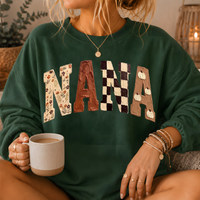 Nana Fall Patchwork Print Crewneck Sweatshirt