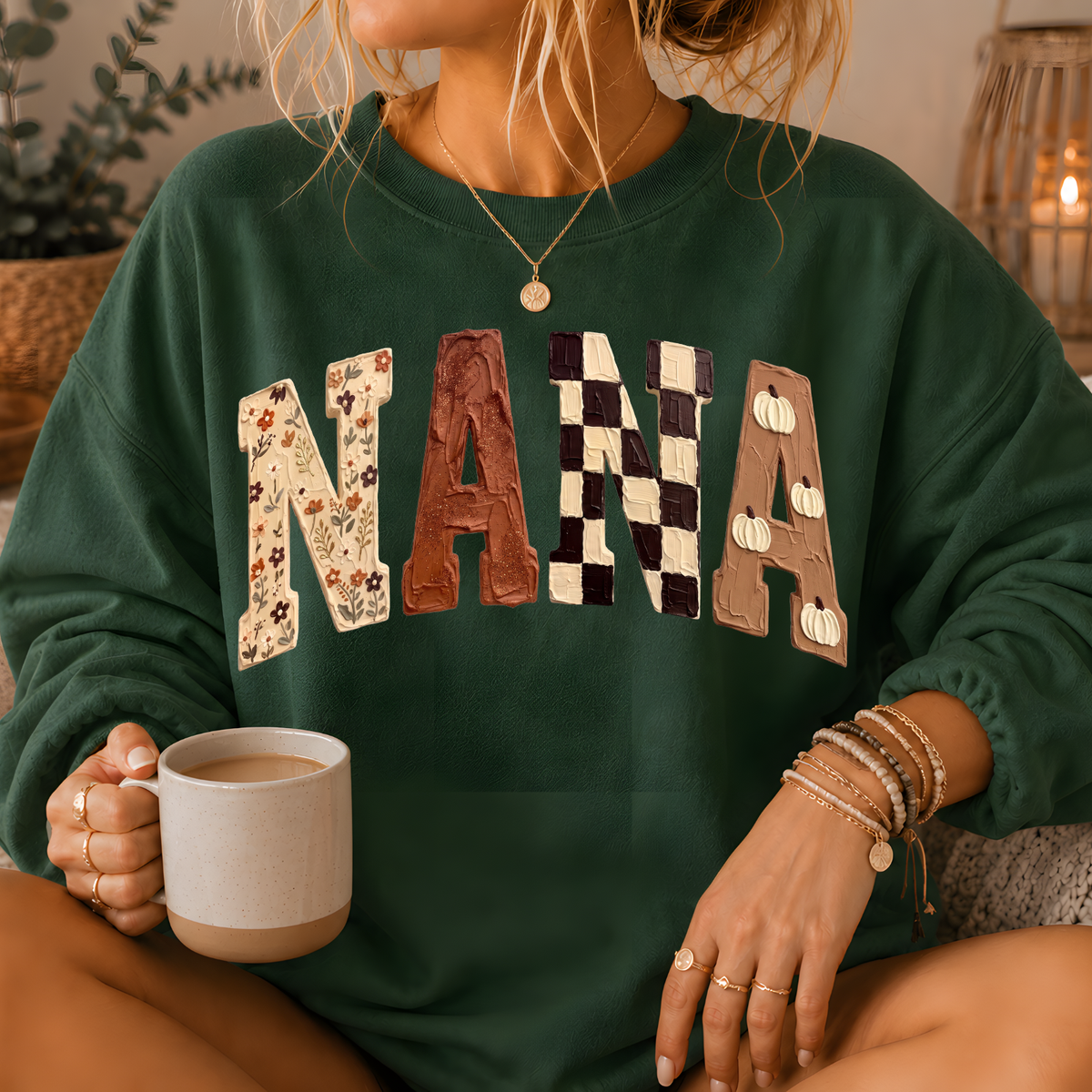 Nana Fall Patchwork Print Crewneck Sweatshirt