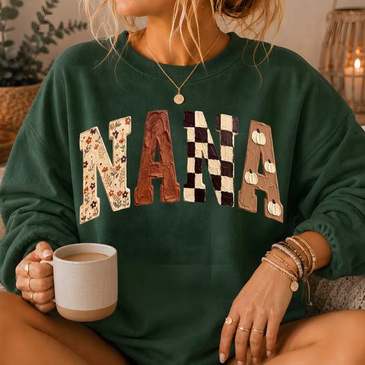 Nana Fall Patchwork Print Crewneck Sweatshirt