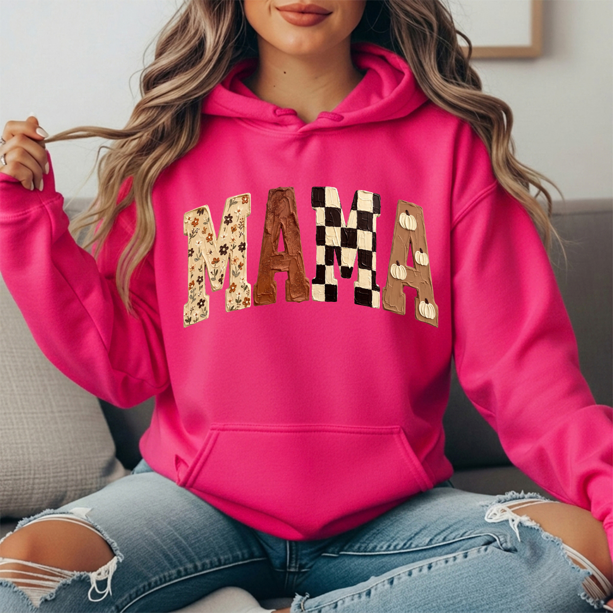 Mama Fall Floral, Checkerboard & Pumpkin Graphic Hoodie