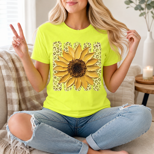 Painted Sunflower & Leopard Print Graphic Tee