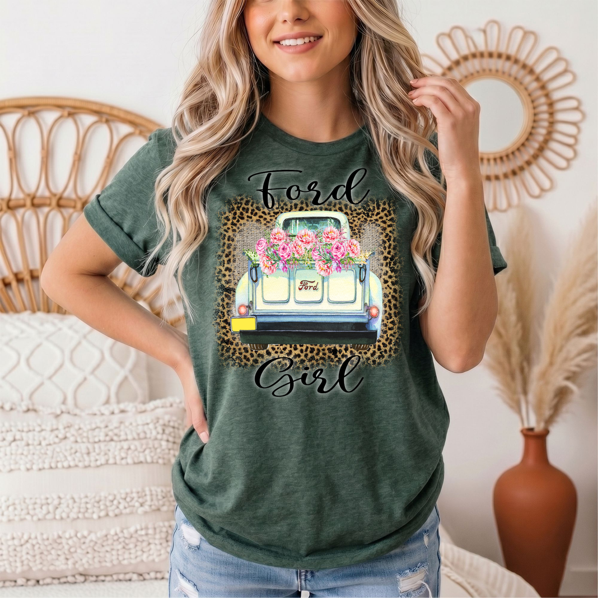 Ford Girl Floral Vintage Truck & Leopard Graphic Tee