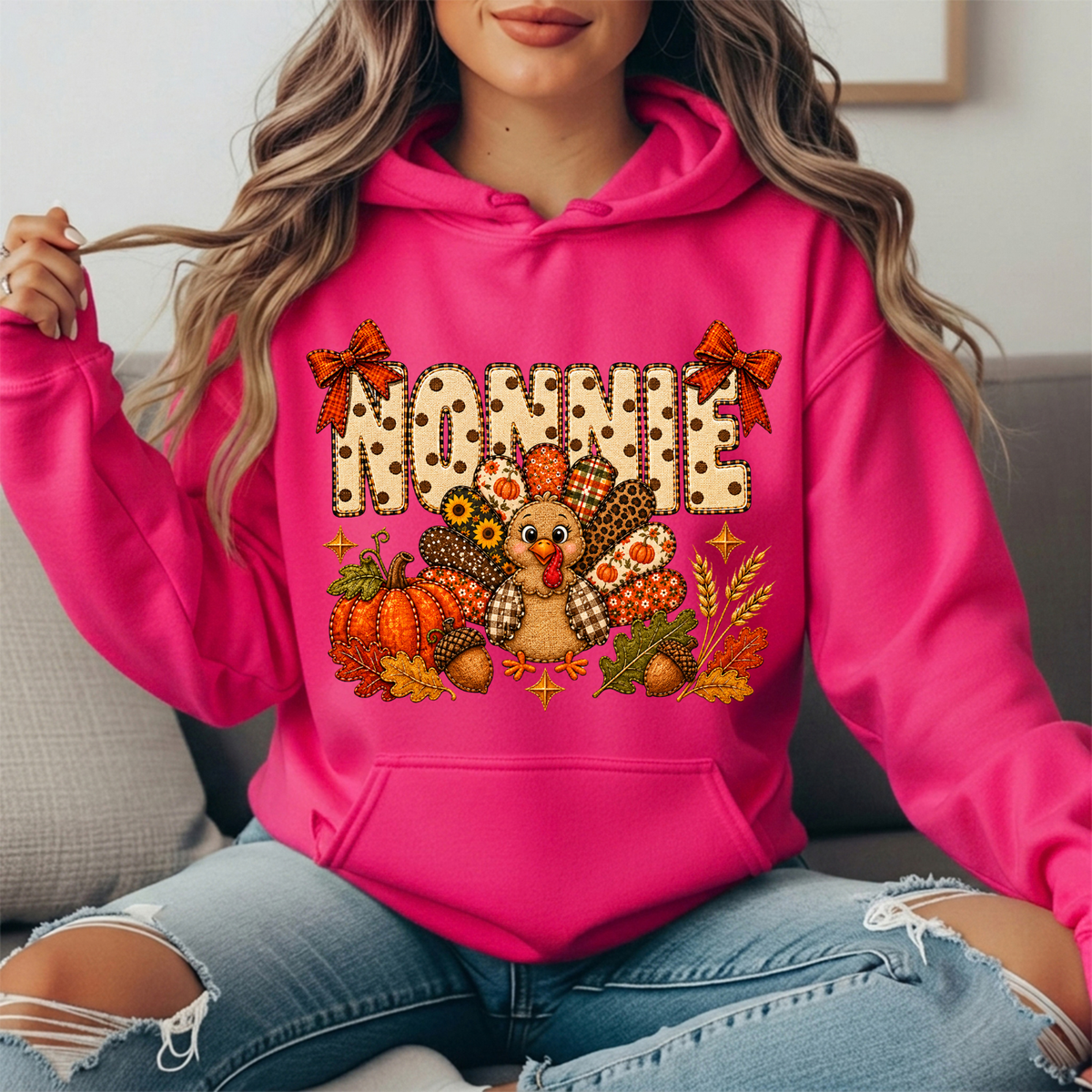 Nonnie Thanksgiving Patchwork Turkey Bow Graphic Hoodie