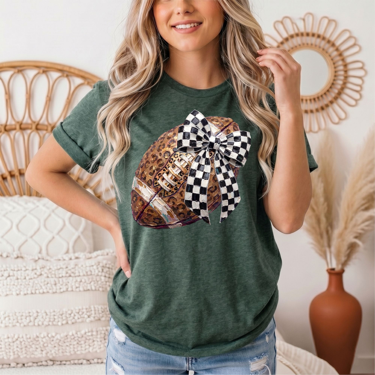 Leopard Football & Checkerboard Bow Graphic Tee