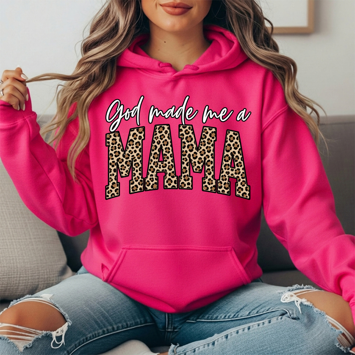 God Made Me a Mama Leopard Print Graphic Hoodie