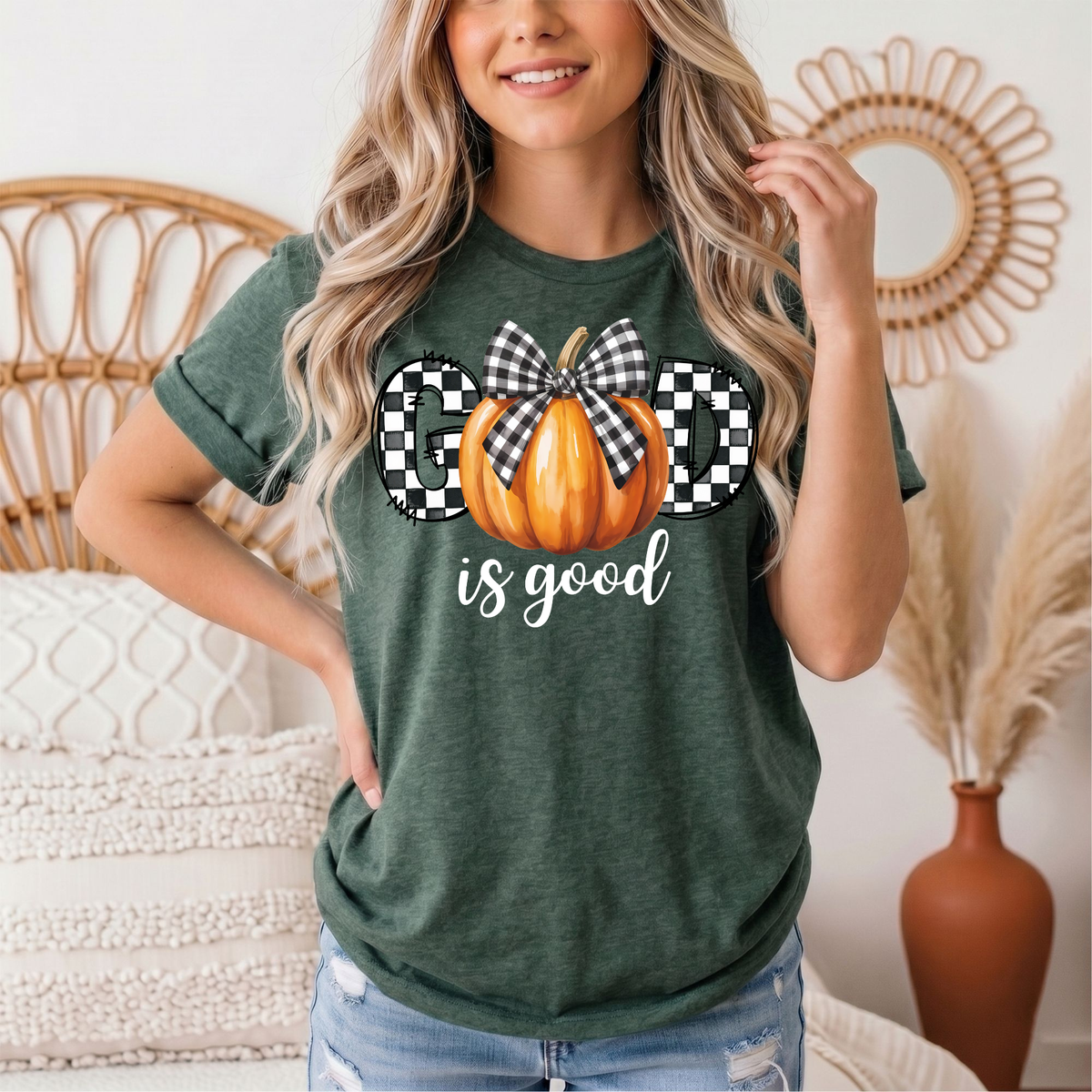 God Is Good Pumpkin & Gingham Bow Graphic Tee