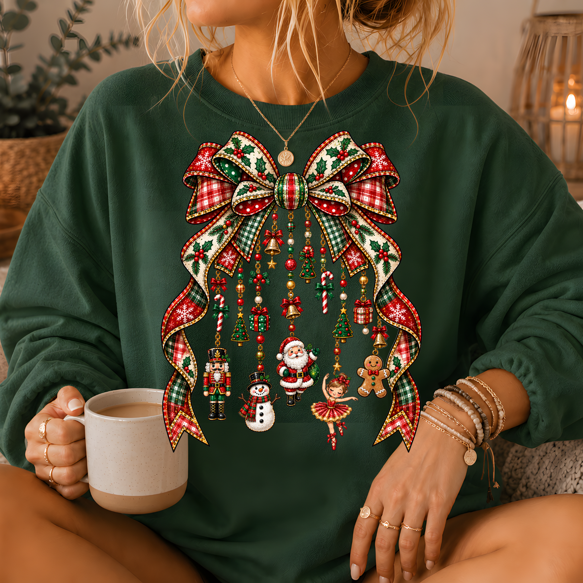 Christmas Plaid Bow Holiday Charms Crewneck Sweatshirt