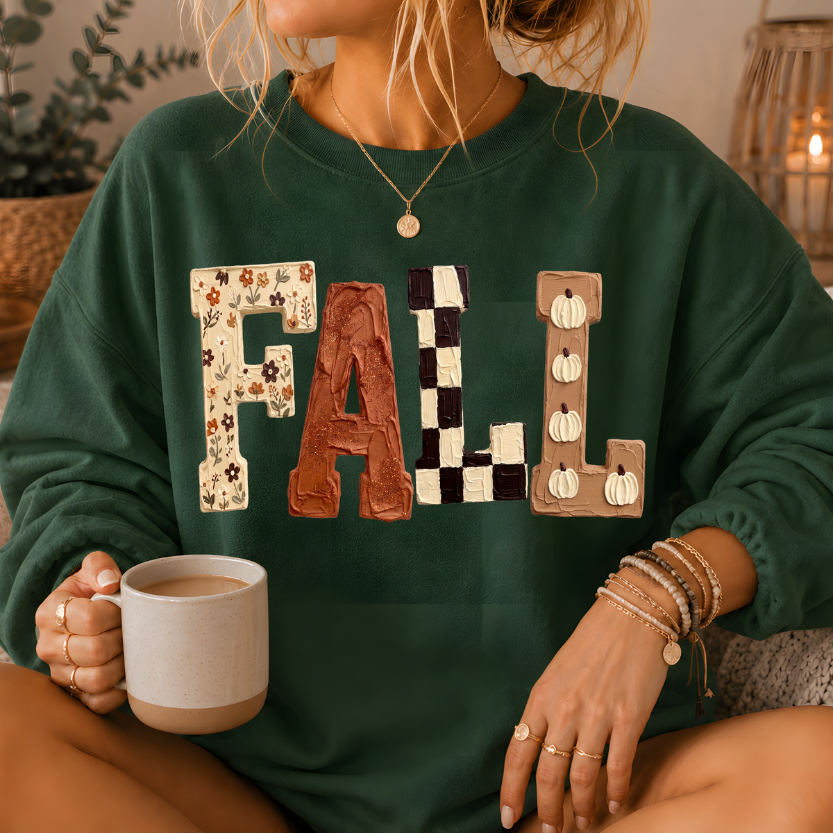 Fall Patchwork Print Crewneck Sweatshirt