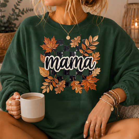 Mama Fall Leaves Checkerboard Crewneck Sweatshirt