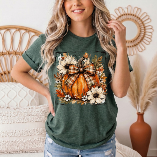 Fall Pumpkin Floral & Plaid Bow Graphic Tee