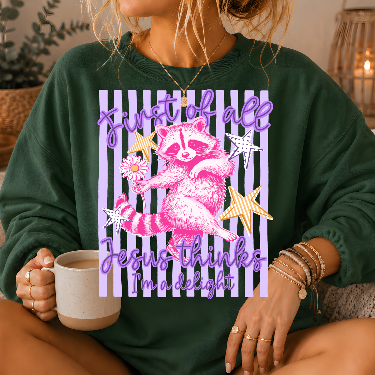 Jesus Thinks I'm a Delight Raccoon Crewneck Sweatshirt