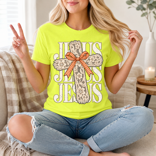 Jesus Lace Cross & Gingham Bow Christian Graphic Tee