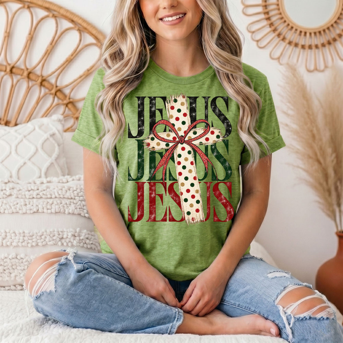 Jesus Christmas Cross & Bow Graphic Tee