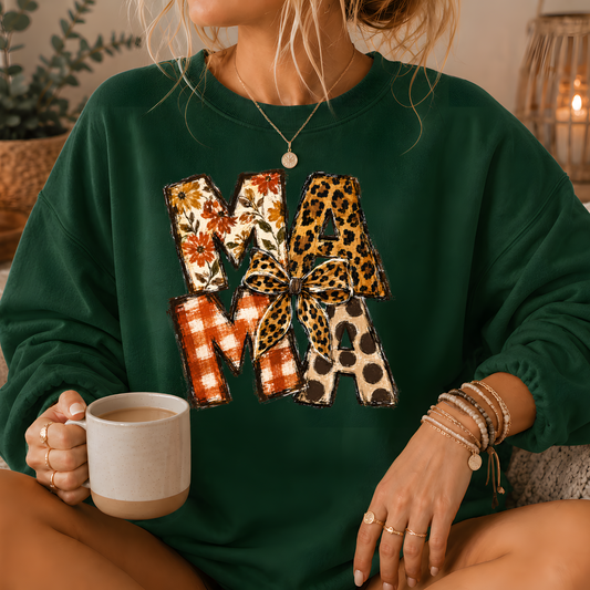 Mama Mixed Print Bow Crewneck Sweatshirt