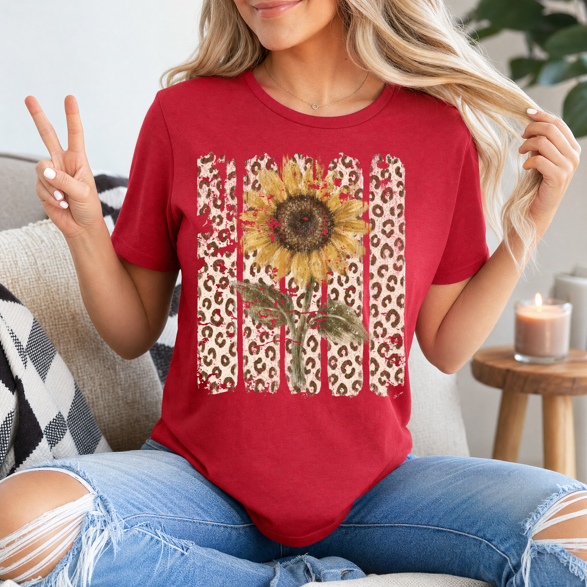 Distressed Sunflower & Leopard Print Graphic Tee