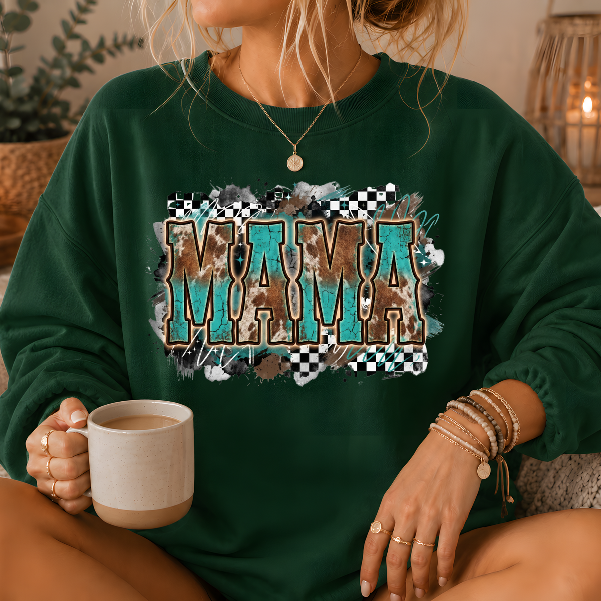 Mama Turquoise Cow Print Western Crewneck Sweatshirt